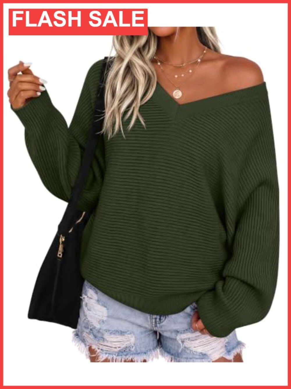 Off Shoulder Oversized Sweater Batwing Sleeve V-Neck Pullover - Picture 1 of 6